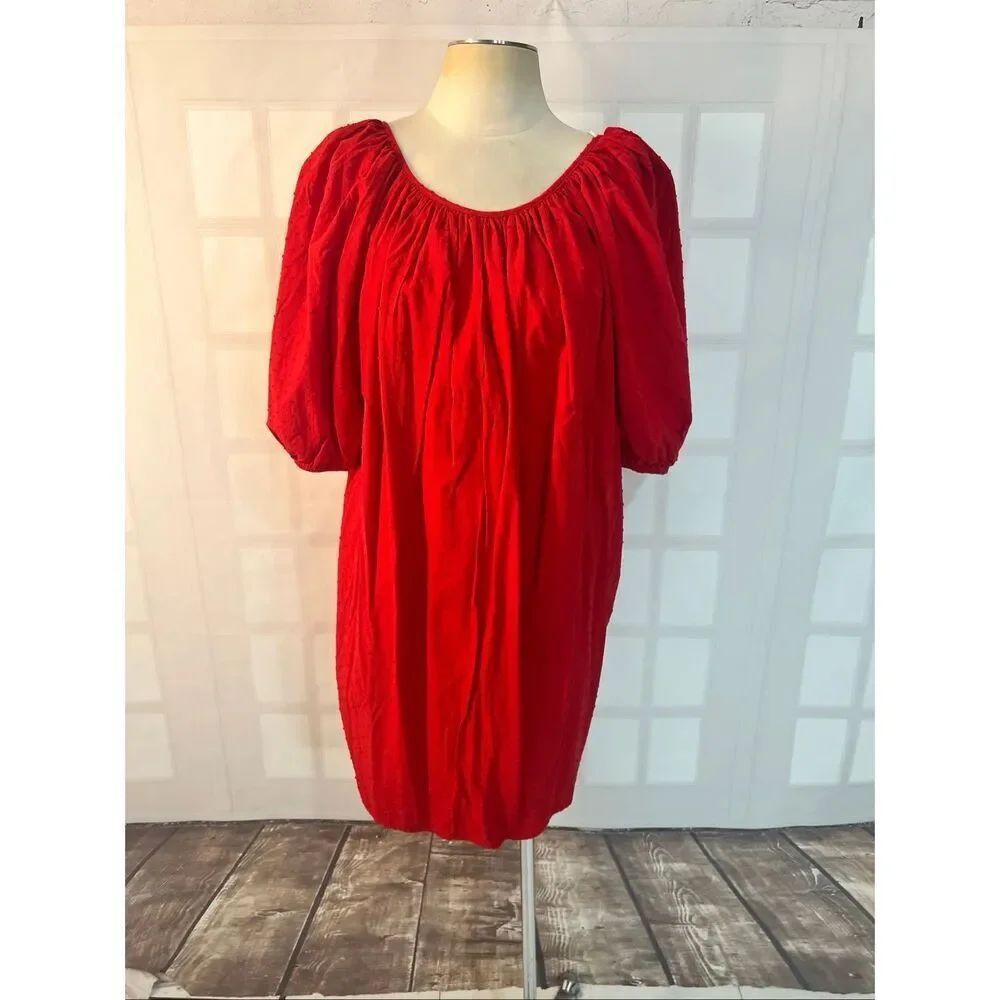 Eloquii Elements Red Pleated Puff Sleeve Open Back Mini Shift Dress Size 14/16